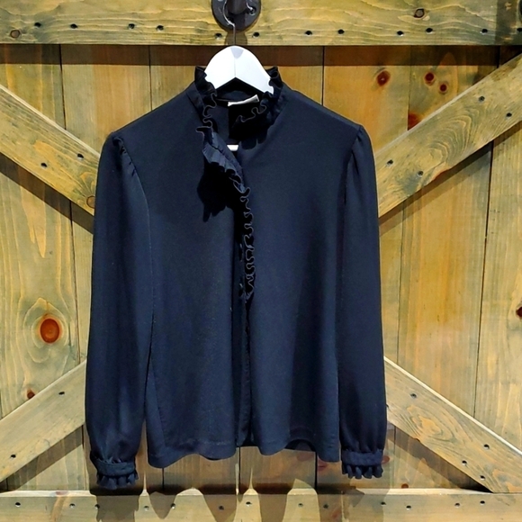 VTG VINTAGE BLACK BLOUSE WITH RUFFLE TRIM CLASSIC CAREER - Picture 1 of 10